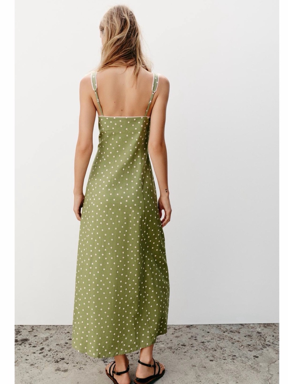 Linen Olive Green Polka Dot Midi Dress - Picture 4 of 10